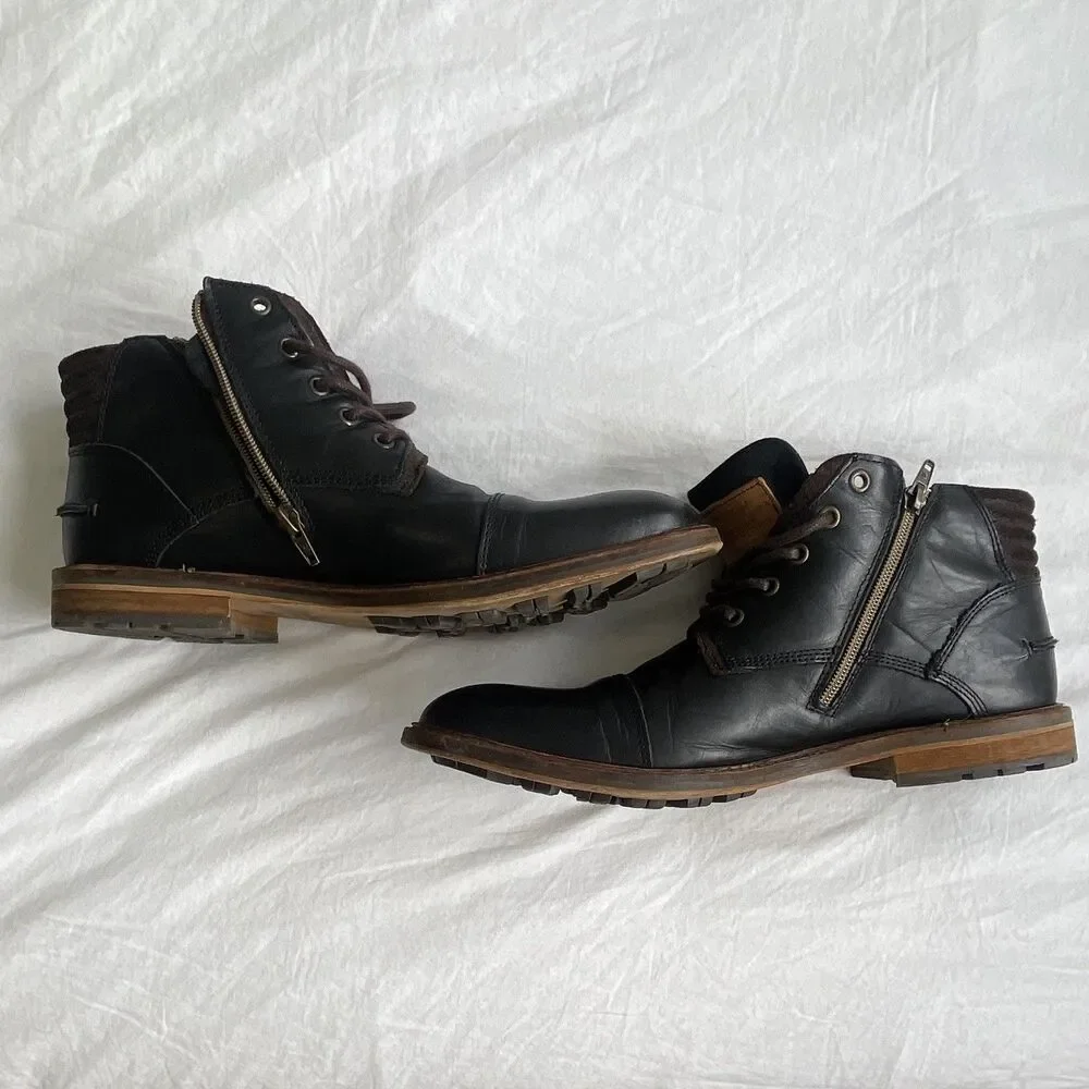 BullBoxer Holten Mens Leather Chukka Boots Black Lace Up Side Zip Size 12 EU 45